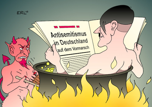 Cartoon: Antisemitismus (medium) by Erl tagged politik,antisemitismus,antijudaismus,judenfeindlichkeit,deutschland,übergriffe,rechtsextremismus,rechtspopulismus,islamismus,rap,echo,musikpreis,preisverleihung,rapper,kollegah,farid,bang,liedtext,auschwitz,holocaust,nationalsozialismus,adolf,hitler,teufel,hölle,judenvernichtung,juden,jude,religion,karikatur,erl,politik,antisemitismus,antijudaismus,judenfeindlichkeit,deutschland,übergriffe,rechtsextremismus,rechtspopulismus,islamismus,rap,echo,musikpreis,preisverleihung,rapper,kollegah,farid,bang,liedtext,auschwitz,holocaust,nationalsozialismus,adolf,hitler,teufel,hölle,judenvernichtung,juden,jude,religion,karikatur,erl