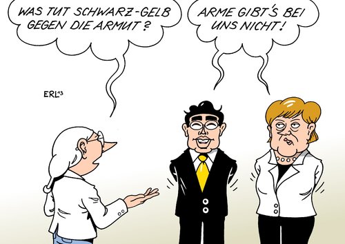 Cartoon: Armut Schwarz-Gelb (medium) by Erl tagged armutsbericht,bundesregierung,koalition,schwarz,gelb,cdu,csu,fdp,beschönigen,frisieren,armut,reichtum,arm,reich,schere,auseinander,vizekanzler,wirtschaftsminister,philipp,rösler,bundeskanzlerin,angela,merkel,wahlkampf,werbung,politik,arme,armutsbericht,bundesregierung,koalition,schwarz,gelb,cdu,csu,fdp,beschönigen,frisieren,armut,reichtum,arm,reich,schere,auseinander,vizekanzler,wirtschaftsminister,philipp,rösler,bundeskanzlerin,angela,merkel,wahlkampf,werbung,politik,arme