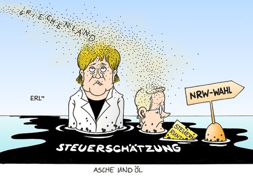 Cartoon: Asche und Öl (medium) by Erl tagged merkel,westerwelle,asche,öl,griechenland,hilfe,milliarden,steuerschätzung,steuerausfälle,steuer,steuersenkung,fdp,cdu,wahl,nrw,nordrhein,westfalen,angela merkel,guido westerwelle,asche,öl,griechenland,hilfe,milliarden,steuerschätzung,steuerausfälle,steuer,steuersenkung,cdu,fdp,wahl,nrw,nordrhein,westfalen,angela,merkel,guido,westerwelle