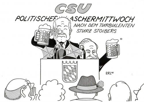 Cartoon: Aschermittwoch (medium) by Erl tagged ash,wednesday,bavaria,,wednesday,bavaria,aschermittwoch,stoiber,bayern,csu,bier,feier,versammlung,schlagabtausch,bierzelt,stammtisch,langweilig,huber,beckstein,masskrug,duo,politischer