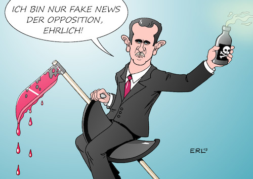 Cartoon: Assad (medium) by Erl tagged syrien,bürgerkrieg,diktator,assad,opposition,rebellen,giftgas,angriff,wahrheit,lüge,fake,news,fälschung,tod,sense,blut,sattel,karikatur,erl,syrien,bürgerkrieg,diktator,assad,opposition,rebellen,giftgas,angriff,wahrheit,lüge,fake,news,fälschung,tod,sense,blut,sattel,karikatur,erl