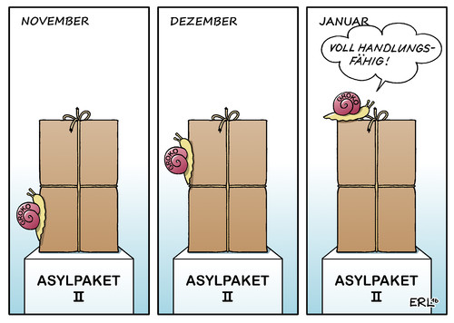 Cartoon: Asylpaket II (medium) by Erl tagged asyl,asylpaket,gesetze,reduzierung,flüchtlinge,deutschland,familiennachzug,groko,große,koalition,cdu,csu,spd,handlungsfähigkeit,streit,lähmung,langsam,schnecke,karikatur,erl,asyl,asylpaket,gesetze,reduzierung,flüchtlinge,deutschland,familiennachzug,groko,große,koalition,cdu,csu,spd,handlungsfähigkeit,streit,lähmung,langsam,schnecke,karikatur,erl