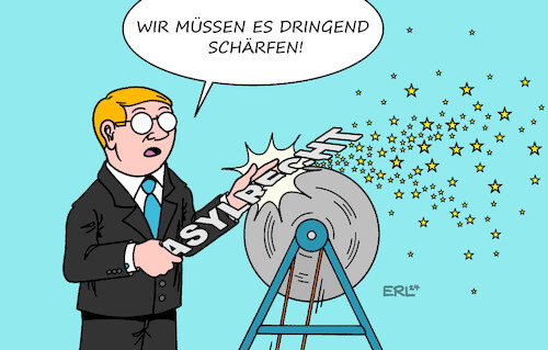 Cartoon: Asylrecht (medium) by Erl tagged politik,migration,treffen,bund,länder,maßnahmen,eindämmung,obergrenze,zahl,asylbewerberinnen,asylbewerber,flüchtlinge,asyl,asylrecht,verschärfung,schärfung,schärfen,schleifen,abschleifen,schleifstein,karikatur,erl,politik,migration,treffen,bund,länder,maßnahmen,eindämmung,obergrenze,zahl,asylbewerberinnen,asylbewerber,flüchtlinge,asyl,asylrecht,verschärfung,schärfung,schärfen,schleifen,abschleifen,schleifstein,karikatur,erl