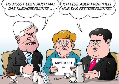 Cartoon: Asylstreit (medium) by Erl tagged asyl,streit,asylpaket,zwei,cdu,csu,spd,seehofer,merkel,gabriel,familiennachzug,vereinbarung,lesen,kleingedrucktes,fettgedrucktes,unterschrift,flüchtlinge,zahlen,reduzierung,karikatur,erl,asyl,streit,asylpaket,zwei,cdu,csu,spd,seehofer,merkel,gabriel,familiennachzug,vereinbarung,lesen,kleingedrucktes,fettgedrucktes,unterschrift,flüchtlinge,zahlen,reduzierung,karikatur,erl