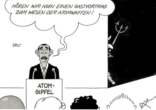 Cartoon: Atomgipfel (medium) by Erl tagged atomgipfel,barack obama,usa,atomwaffen,reduzierung,gast,vortrag,teufel,teufelszeug,barack,obama