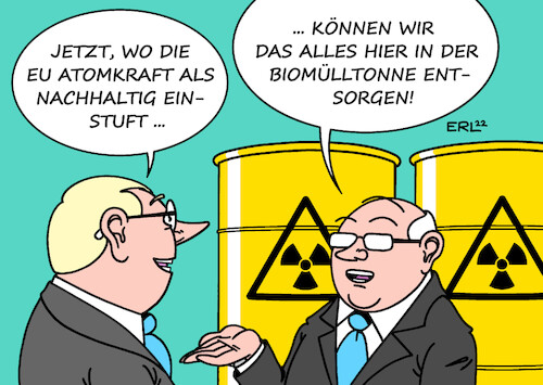 Cartoon: Atomkraft nachhaltig (medium) by Erl tagged politik,klima,klimawandel,erderwärmung,co2,eu,klimaneutralität,nachhaltigkeit,diskussion,atomkraft,wiederbelebung,energie,knappheit,krieg,russland,ukraine,putin,erpressung,erdgas,atommüll,greenwashing,biomüll,entsorgung,biotonne,karikatur,erl,politik,klima,klimawandel,erderwärmung,co2,eu,klimaneutralität,nachhaltigkeit,diskussion,atomkraft,wiederbelebung,energie,knappheit,krieg,russland,ukraine,putin,erpressung,erdgas,atommüll,greenwashing,biomüll,entsorgung,biotonne,karikatur,erl