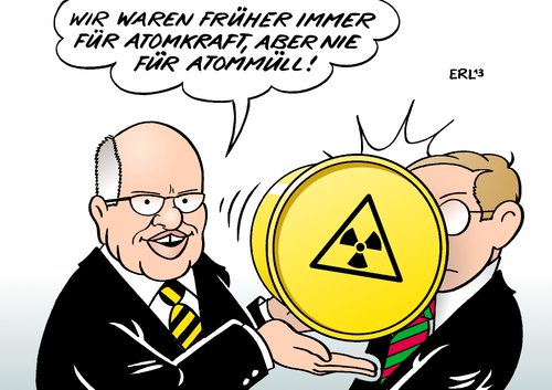 Cartoon: Atommüll (medium) by Erl tagged energiewende,ausstieg,atomkraft,endlagersuche,endlager,altmaier,peter,umweltminister,grün,rot,gelb,schwarz,atommüll,atommüll,schwarz,gelb,rot,grün,umweltminister,peter,altmaier,endlager,endlagersuche,atomkraft,ausstieg,energiewende