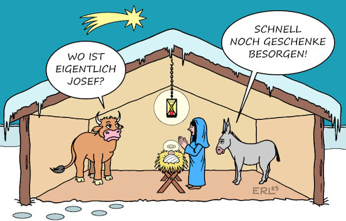 Cartoon: Auf den letzten Drücker (medium) by Erl tagged politik,gesellschaft,glaube,religion,weihnachten,geburt,jesus,christus,fest,geschenke,kommerz,krippe,maria,josef,ochs,esel,bethlehem,stern,karikatur,erl,politik,gesellschaft,glaube,religion,weihnachten,geburt,jesus,christus,fest,geschenke,kommerz,krippe,maria,josef,ochs,esel,bethlehem,stern,karikatur,erl