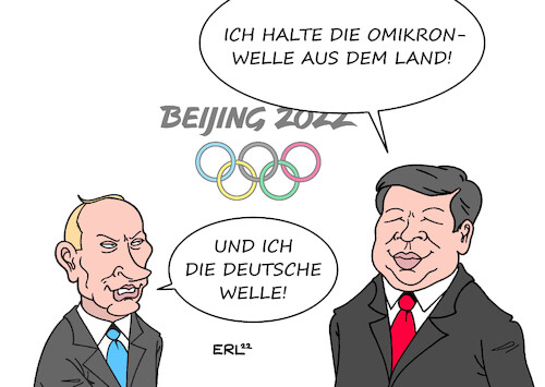 Cartoon: Auf einer Wellenlänge (medium) by Erl tagged politik,sport,medien,russland,putin,verbot,sender,deutsche,welle,rache,rt,russia,today,olympische,winterspiele,2022,peking,corona,virus,pandemie,omikron,sportler,blase,isolation,pcr,tests,quarantäne,xi,jinping,karikatur,erl,politik,sport,medien,russland,putin,verbot,sender,deutsche,welle,rache,rt,russia,today,olympische,winterspiele,2022,peking,corona,virus,pandemie,omikron,sportler,blase,isolation,pcr,tests,quarantäne,xi,jinping,karikatur,erl