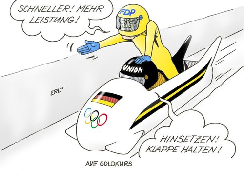 Cartoon: Auf Goldkurs (medium) by Erl tagged union,fdp,cdu,csu,koalition,bob,olympia,gold,goldkurs,schneller,leistung,westerwelle,klappe,halten,hinsetzen,union,fdp,cdu,csu,koalition,bob,olympia,gold,goldkurs,schneller,leistung,westerwelle,klappe,halten