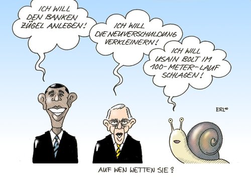 Cartoon: Auf wen wetten Sie? (medium) by Erl tagged obama,banken,zügeln,schäuble,schulden,neuverschuldung,kürzen,verkleinern,schnecke,einhundertmeterlauf,usain,bolt,schlagen,versprechen,wette,barack obama,banken,bank,schulden,neuverschuldung,kürzen,verkleinern,einhundertmeterlauf,versprechen,wette,barack,obama