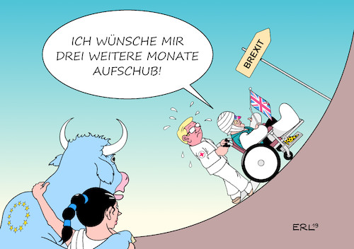 Cartoon: Aufschub (medium) by Erl tagged politik,brexit,großbritannien,gb,uk,austritt,eu,europäische,union,europa,stier,premierministerin,theresa,may,vertrag,abstimmung,parlament,niederlage,ungewissheit,no,deal,chaos,zweites,referendum,nachverhandlung,brüssel,backstop,nordirland,irland,termin,29,märz,verschiebung,aufschub,rollstuhl,pfleger,schieben,flagge,karikatur,erl,politik,brexit,großbritannien,gb,uk,austritt,eu,europäische,union,europa,stier,premierministerin,theresa,may,vertrag,abstimmung,parlament,niederlage,ungewissheit,no,deal,chaos,zweites,referendum,nachverhandlung,brüssel,backstop,nordirland,irland,termin,29,märz,verschiebung,aufschub,rollstuhl,pfleger,schieben,flagge,karikatur,erl