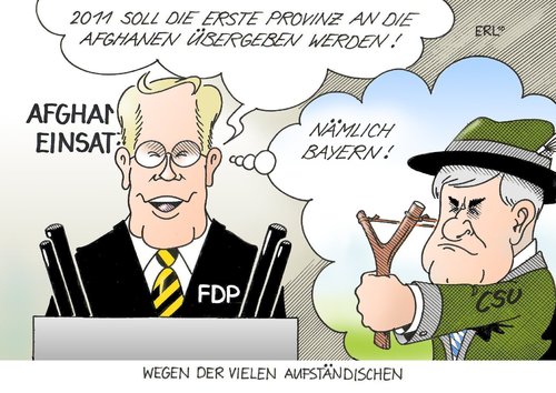 Cartoon: Aufständische (medium) by Erl tagged afghanistan,einsatz,regierung,erklärung,schwarz,gelb,cdu,csu,fdp,westerwelle,seehofer,querschüsse,bayern,afghanistan,einsatz,regierung,erklärung,schwarz,gelb,cdu,csu,fdp,guido westerwelle,horst seehofer,bayern,guido,westerwelle,horst,seehofer