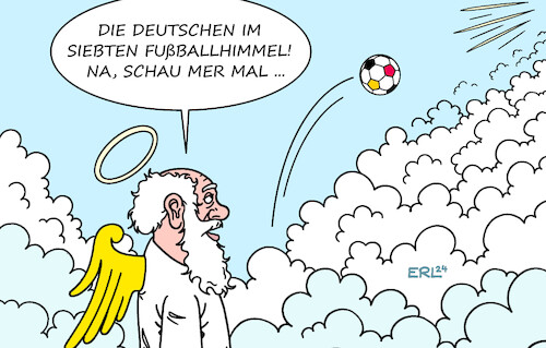 Cartoon: Auftaktsieg (medium) by Erl tagged politik,sport,fußball,europameisterschaft,em,2024,deutschland,eröffnungsspiel,sieg,auftaktsieg,schottland,freude,siebter,himmel,petrus,skepsis,ball,höhenflug,karikatur,erl,politik,sport,fußball,europameisterschaft,em,2024,deutschland,eröffnungsspiel,sieg,auftaktsieg,schottland,freude,siebter,himmel,petrus,skepsis,ball,höhenflug,karikatur,erl