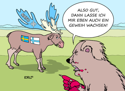 Cartoon: Auge um Auge ... (medium) by Erl tagged politik,krieg,angriff,überfall,wladimir,putin,russland,ukraine,reaktion,schweden,finnland,beitritt,nato,elch,geweih,bedrohung,bär,karikatur,erl,auge,politik,krieg,angriff,überfall,wladimir,putin,russland,ukraine,reaktion,schweden,finnland,beitritt,nato,elch,geweih,bedrohung,bär,karikatur,erl