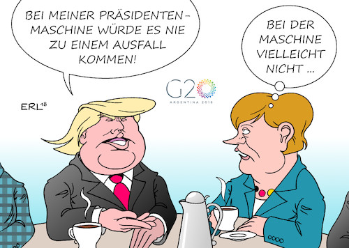 Cartoon: Ausfall (medium) by Erl tagged politik,g20,treffen,industrienationen,wirtschaft,handel,menschenrechte,demokratie,schwellenländer,erörterung,probleme,lösung,welt,erde,zusammenarbeit,rechtspopulismus,rechtspopulisten,nationalismus,egoismus,handelskrieg,bundeskanzlerin,angela,merkel,flugzeug,ausfall,präsident,donald,trump,angeber,ausfällig,karikatur,erl,politik,g20,treffen,industrienationen,wirtschaft,handel,menschenrechte,demokratie,schwellenländer,erörterung,probleme,lösung,welt,erde,zusammenarbeit,rechtspopulismus,rechtspopulisten,nationalismus,egoismus,handelskrieg,bundeskanzlerin,angela,merkel,flugzeug,ausfall,präsident,donald,trump,angeber,ausfällig,karikatur,erl