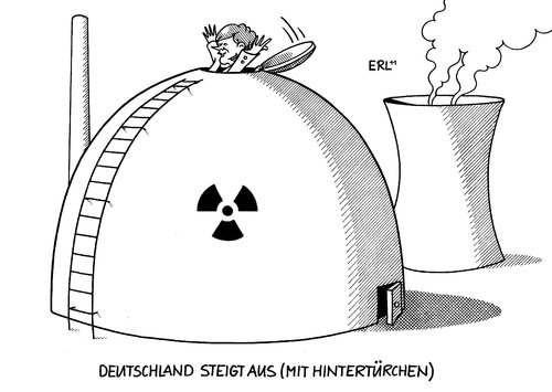 Cartoon: Ausstieg (medium) by Erl tagged atomenergie,ausstieg,energiewende,2021,2022,standby,reserve,sicherheit,hintertür,hintertürchen,deutschland,gelb,bundeskanzlerin,csu,fdp,cdu,akw,atomkraft