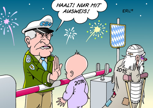 Cartoon: Ausweis (medium) by Erl tagged flüchtlinge,csu,grenze,ausweis,pflicht,kontrolle,abschreckung,härte,ministerpräsident,horst,seehofer,bayern,polizei,polizist,jahreswechsel,2015,2016,silvester,neujahr,karikatur,erl,flüchtlinge,csu,grenze,ausweis,pflicht,kontrolle,abschreckung,härte,ministerpräsident,horst,seehofer,bayern,polizei,polizist,jahreswechsel,2015,2016,silvester,neujahr,karikatur,erl