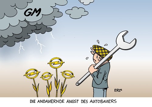 Cartoon: Autobauer Opel (medium) by Erl tagged opel,werk,auto,automobilbau,autobauer,produktion,verlagerung,schließung,werksschließung,tochter,mutter,general,motors,usa,konzern,gewitter,angst,bauer,getreide,schraubenschlüssel,wetter,blitz,donner,hagel,opel,werk,auto,automobilbau,autobauer,produktion,verlagerung,schließung,werksschließung