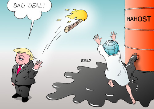 Cartoon: Bad Deal (medium) by Erl tagged politik,barack,obama,atomabkommen,iran,verbot,atomwaffen,herstellung,besitz,überwachung,gegenzug,aufhebung,sanktionen,usa,präsident,donald,trump,aufkündigung,ausstieg,gefahr,atomares,wettrüsten,bombe,atombombe,spiel,feuer,öl,ölfass,pulverfass,nahost,welt,erde,eu,russland,china,rettung,karikatur,erl,politik,barack,obama,atomabkommen,iran,verbot,atomwaffen,herstellung,besitz,überwachung,gegenzug,aufhebung,sanktionen,usa,präsident,donald,trump,aufkündigung,ausstieg,gefahr,atomares,wettrüsten,bombe,atombombe,spiel,feuer,öl,ölfass,pulverfass,nahost,welt,erde,eu,russland,china,rettung,karikatur,erl