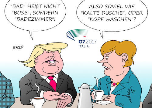 Cartoon: Bad und böse (medium) by Erl tagged usa,praesident,donald,trump,ausland,reise,bruessel,nato,eu,italien,taormina,g7,porzellan,elefant,porzellanladen,egoismus,rechtspopulismus,problem,deutschland,very,bad,schlecht,boese,uebersetzung,medien,bundeskanzlerin,angela,merkel,karikatur,erl,usa,praesident,donald,trump,ausland,reise,bruessel,nato,eu,italien,taormina,g7,porzellan,elefant,porzellanladen,egoismus,rechtspopulismus,problem,deutschland,very,bad,schlecht,boese,uebersetzung,medien,bundeskanzlerin,angela,merkel,karikatur,erl