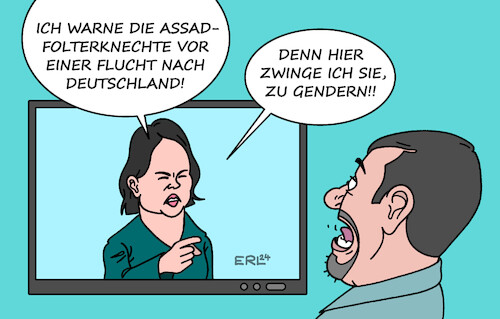 Cartoon: Baerbock (medium) by Erl tagged politik,syrien,sturz,assad,baerbock,warnung,folterknechte,flucht,deutschland,gendern,karikatur,erl,politik,syrien,sturz,assad,baerbock,warnung,folterknechte,flucht,deutschland,gendern,karikatur,erl