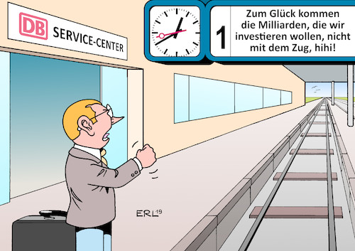 Cartoon: Bahn (medium) by Erl tagged politik,deutsche,bahn,ag,zustand,marode,kaputtgespart,zug,züge,verspätung,ausfall,fahrgast,ärger,bund,investitionen,milliarden,euro,gleise,schienen,schienennetz,bahnhof,zuganzeige,bahnhofsuhr,karikatur,erl,politik,deutsche,bahn,ag,zustand,marode,kaputtgespart,zug,züge,verspätung,ausfall,fahrgast,ärger,bund,investitionen,milliarden,euro,gleise,schienen,schienennetz,bahnhof,zuganzeige,bahnhofsuhr,karikatur,erl