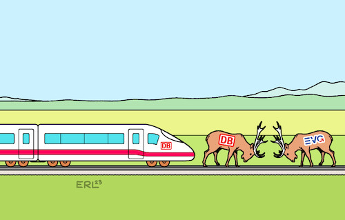 Cartoon: Bahn EVG (medium) by Erl tagged politik,tarifverhandlungen,deutsche,bahn,evg,eisenbahn,und,verkehrsgewerkschaft,angebot,ablehnung,streik,arbeitskampf,macht,hirsche,karikatur,erl,politik,tarifverhandlungen,deutsche,bahn,evg,eisenbahn,und,verkehrsgewerkschaft,angebot,ablehnung,streik,arbeitskampf,macht,hirsche,karikatur,erl