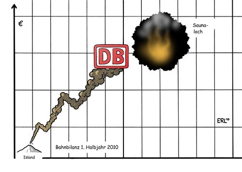 Cartoon: Bahnbilanz (medium) by Erl tagged deutsche,bahn,db,bilanz,gewinn,halbjahr,2010,vulkan,island,flugausfall,sommer,klimaanlage,ausfall,sauna,loch,deutsche bahn,bilanz,gewinn,db,halbjahr,2010,vulkan,island,flugausfall,sommer,klimaanlage,ausfall,sauna,loch,defekt,deutsche,bahn