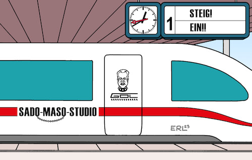 Cartoon: Bahnstreik (medium) by Erl tagged politik,bahnstreik,lokführer,gewerkschaft,gdl,claus,weselsky,streik,reisende,berufsverkehr,qual,folter,sado,maso,beziehung,studio,karikatur,erl,politik,bahnstreik,lokführer,gewerkschaft,gdl,claus,weselsky,streik,reisende,berufsverkehr,qual,folter,sado,maso,beziehung,studio,karikatur,erl