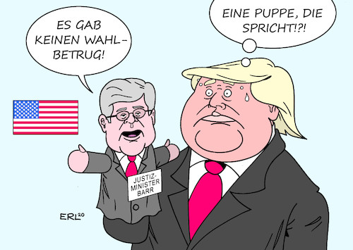 Cartoon: Barr spricht (medium) by Erl tagged politik,usa,wahl,präsidentschaft,wahlsieg,sieger,joe,biden,demokraten,niederlage,verlierer,präsident,donald,trump,republikaner,verschwörungstheorie,wahlbetrug,widerspruch,justizminister,william,barr,handpuppe,gefolgsmann,karikatur,erl,politik,usa,wahl,präsidentschaft,wahlsieg,sieger,joe,biden,demokraten,niederlager,verlierer,präsident,donald,trump,republikaner,verschwörungstheorie,wahlbetrug,widerspruch,justizminister,william,barr,handpuppe,gefolgsmann,karikatur,erl