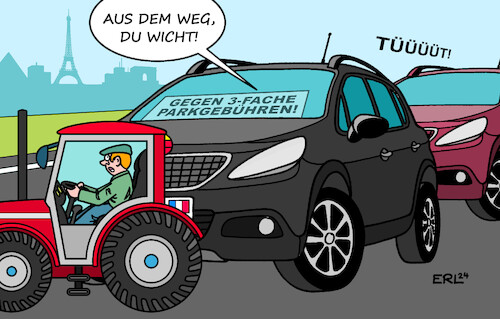 Cartoon: Bauern- und SUV-Proteste Paris (medium) by Erl tagged politik,frankreich,paris,bürgerentscheid,parkgebühren,erhöhung,suv,auto,größe,klima,verkehr,proteste,bauern,landwirte,bauernproteste,traktor,straße,blockade,karikatur,erl,politik,frankreich,paris,bürgerentscheid,parkgebühren,erhöhung,suv,auto,größe,klima,verkehr,proteste,bauern,landwirte,bauernproteste,traktor,straße,blockade,karikatur,erl