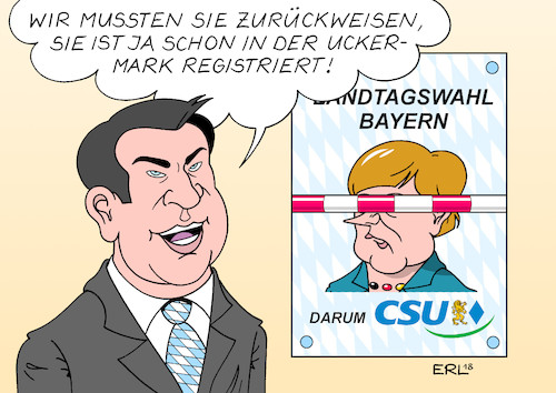 Cartoon: Bayernwahl ohne Merkel (medium) by Erl tagged politik,deutschland,streit,flüchtlingspolitik,asylmasterplan,flüchtlinge,grenze,zurückweisung,innenminister,horst,seehofer,csu,national,alleingang,bundeskanzlerin,angela,merkel,cdu,eu,recht,europa,gemeinsam,markus,söder,ministerpräsident,bayern,landtagswahl,oktober,angst,afd,wähler,wahlkampf,ohne,kanzlerin,karikatur,erl,politik,deutschland,streit,flüchtlingspolitik,asylmasterplan,flüchtlinge,grenze,zurückweisung,innenminister,horst,seehofer,csu,national,alleingang,bundeskanzlerin,angela,merkel,cdu,eu,recht,europa,gemeinsam,markus,söder,ministerpräsident,bayern,landtagswahl,oktober,angst,afd,wähler,wahlkampf,ohne,kanzlerin,karikatur,erl