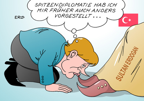 Cartoon: Bei Sultan Erdogan (medium) by Erl tagged bundeskanzlerin,angela,merkel,türkei,präsident,erdogan,demokratie,diktatur,pressefreiheit,aufhebung,immunität,abgeordnete,kritik,verhalten,abkommen,deal,flüchtlinge,diplomatie,spitze,schuhspitze,kuss,küssen,sultan,karikatur,erl,bundeskanzlerin,angela,merkel,türkei,präsident,erdogan,demokratie,diktatur,pressefreiheit,aufhebung,immunität,abgeordnete,kritik,verhalten,abkommen,deal,flüchtlinge,diplomatie,spitze,schuhspitze,kuss,küssen,sultan,karikatur,erl