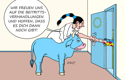 Cartoon: Beitrittsverhandlungen (medium) by Erl tagged politik,eu,beschluss,beitrittsverhandlungen,ukraine,krieg,überfall,angriff,russland,gefahr,vernichtung,existenz,staat,europa,stier,karikatur,erl,politik,eu,beschluss,beitrittsverhandlungen,ukraine,krieg,überfall,angriff,russland,gefahr,vernichtung,existenz,staat,europa,stier,karikatur,erl