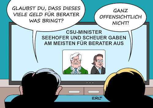 Cartoon: Berater (medium) by Erl tagged politik,politiker,geld,ausgaben,berater,spitzenreiter,innenministerium,innenminister,horst,seehofer,verkehrsministerium,verkehrsminister,andreas,scheuer,csu,karikatur,erl,politik,politiker,geld,ausgaben,berater,spitzenreiter,innenministerium,innenminister,horst,seehofer,verkehrsministerium,verkehrsminister,andreas,scheuer,csu,karikatur,erl