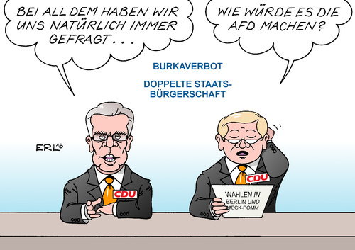 Cartoon: Berliner Erklärung (medium) by Erl tagged maiziere,de,lothar,länder,bund,innenminister,treffen,sicherheit,innere,innenpolitik,union,cdu,csu,berliner,erklärung,burkaverbot,doppelte,staatsbürgerschaft,polizei,verstärkung,terror,terrorismus,islamismus,angst,afd,rechtspopulismus,landtagswahlen,wahlen,mecklenburg,vorpommern,berlin,karikatur,erl,innenpolitik,innere,sicherheit,treffen,innenminister,bund,länder,lothar,de,maiziere,union,cdu,csu,berliner,erklärung,burkaverbot,doppelte,staatsbürgerschaft,polizei,verstärkung,terror,terrorismus,islamismus,angst,afd,rechtspopulismus,landtagswahlen,wahlen,mecklenburg,vorpommern,berlin,karikatur,erl