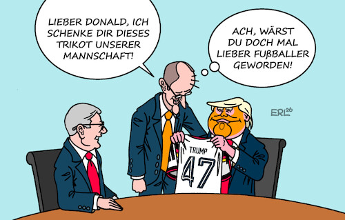 Cartoon: Berufswunsch (medium) by Erl tagged politik,g7,bundeskanzler,merz,geschenk,trikot,nationalmannschaft,trump,usa,politiker,besser,fußballer,karikatur,erl,politik,g7,bundeskanzler,merz,geschenk,trikot,nationalmannschaft,trump,usa,politiker,besser,fußballer,karikatur,erl