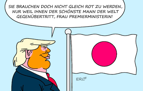 Cartoon: Big in Japan (medium) by Erl tagged politik,usa,trump,narzissmus,besuch,japan,premierministerin,sanae,takaichi,flagge,karikatur,erl,politik,usa,trump,narzissmus,besuch,japan,premierministerin,sanae,takaichi,flagge,karikatur,erl