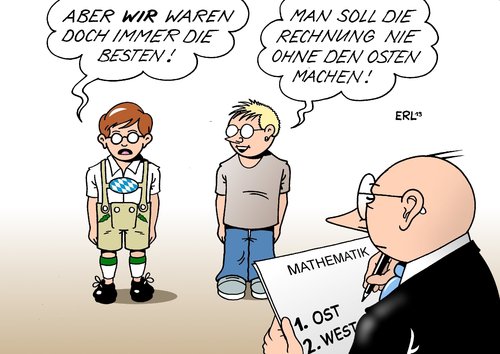 Cartoon: Bildung Ost West (medium) by Erl tagged überholen,rechnung,rechnen,bayern,west,ost,deutschland,kompetenz,fähigkeit,mathematik,kinder,jahrgang,leistung,test,studie,bildung,bildung,studie,kinder,mathematik,fähigkeit,kompetenz,deutschland,ost,west,bayern,rechnen,rechnung,überholen