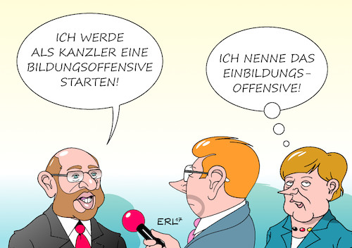 Cartoon: Bildungsoffensive (medium) by Erl tagged spd,kanzlerkandidat,martin,schulz,bildungsoffensive,bildung,geld,bund,länder,föderalismus,kanzler,bundeskanzler,bundeskanzlerin,angela,merkel,cdu,amtsbonus,beliebtheit,teflon,einbildung,bundestagswahl,wahl,wahlkampf,karikatur,erl,spd,kanzlerkandidat,martin,schulz,bildungsoffensive,bildung,geld,bund,länder,föderalismus,kanzler,bundeskanzler,bundeskanzlerin,angela,merkel,cdu,amtsbonus,beliebtheit,teflon,einbildung,bundestagswahl,wahl,wahlkampf,karikatur,erl