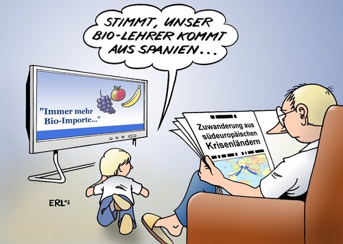 Cartoon: Bio-Zuwanderung (medium) by Erl tagged bio,lebensmittel,import,zuwanderung,menschen,arbeitskräfte,südeuropa,krisenländer,krise,euro,finanzen,banken,schulden,geld,währung,eu,lehrer,kind,bio,lebensmittel,import,zuwanderung,menschen,arbeitskräfte,südeuropa,krisenländer,krise,euro,finanzen,banken,schulden,geld,währung,eu,lehrer,kind