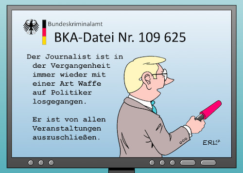 Cartoon: BKA-Datei (medium) by Erl tagged bka,bundeskriminalamt,polizei,behörde,datei,daten,straftaten,journalisten,bagatelle,irrtümer,speicherung,illegal,akkreditierung,verweigerung,ausschluss,veranstaltungen,eingriff,pressefreiheit,karikatur,erl,bka,bundeskriminalamt,polizei,behörde,datei,daten,straftaten,journalisten,bagatelle,irrtümer,speicherung,illegal,akkreditierung,verweigerung,ausschluss,veranstaltungen,eingriff,pressefreiheit,karikatur,erl