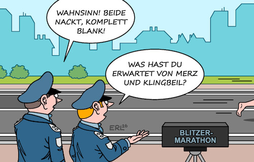 Cartoon: Blitzermarathon (medium) by Erl tagged politik,verkehr,radarkontrolle,auto,blitzermarathon,polizei,blitzer,nackt,reformen,koalition,merz,klingbeil,karikatur,erl,politik,verkehr,radarkontrolle,auto,blitzermarathon,polizei,blitzer,nackt,reformen,koalition,merz,klingbeil,karikatur,erl