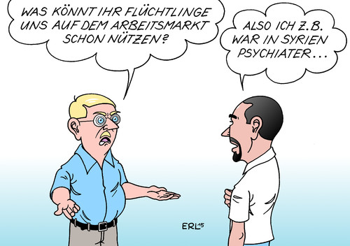 Cartoon: Bluecard (medium) by Erl tagged deutschland,flüchtlinge,arbeitsmarkt,nutzen,bluecard,ausländerfeindlichkeit,rechtsextremismus,psychiater,psychiatrie,syrien,karikatur,erl,deutschland,flüchtlinge,arbeitsmarkt,nutzen,bluecard,ausländerfeindlichkeit,rechtsextremismus,psychiater,psychiatrie,syrien