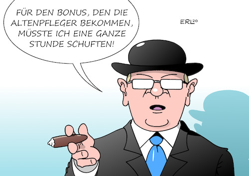 Cartoon: Boni (medium) by Erl tagged politik,corona,virus,pandemie,infektion,gefahr,alte,altenheime,pflege,pflegekräfte,altenpflegerinnen,altenpfleger,anerkennung,bonus,1000,tausend,euro,boni,manager,vielfaches,systemrelevant,karikatur,erl,politik,corona,virus,pandemie,infektion,gefahr,alte,altenheime,pflege,pflegekräfte,altenpflegerinnen,altenpfleger,anerkennung,bonus,1000,tausend,euro,boni,manager,vielfaches,systemrelevant,karikatur,erl