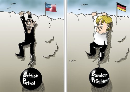 Cartoon: BP (medium) by Erl tagged bp,usa,obama,british,petrol,öl,ölpest,deutschland,merkel,bundespräsident,rücktritt,wahl,köhler,wulff,gauck,klippe,cliffhanger,bp,usa,barack obama,deutschland,angela merkel,bundespräsident,rücktritt,wahl,wahlen,köhler,wulff,gauck,klippe,cliffhanger,barack,obama,angela,merkel