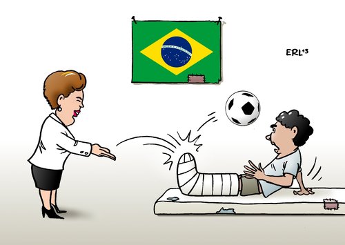 Cartoon: Brasilien (medium) by Erl tagged infrastruktur,protest,projekt,prestige,weltmeisterschaft,fußball,rousseff,dilma,gipsbein,gesundheit,sozial,ungerechtigkeit,armut,brasilien,brasilien,protest,dilma,rousseff,fußball