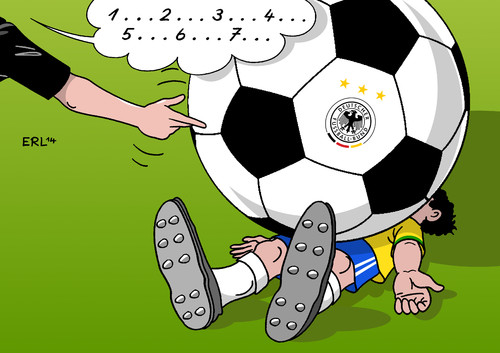 Cartoon: Brasilien (medium) by Erl tagged fußball,weltmeisterschaft,wm,halbfinale,brasilien,deutschland,zu,sieg,niederlage,historisch,geschichte,geschichtsbücher,schlag,ko,fußball,weltmeisterschaft,wm,halbfinale,brasilien,deutschland,zu,sieg,niederlage,historisch,geschichte,geschichtsbücher,schlag,ko