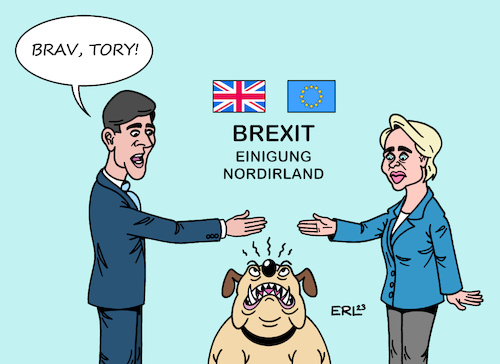 Cartoon: Brexit-Tier (medium) by Erl tagged politik,brexit,austritt,großbritannien,eu,streit,grenze,nordirland,kontrollen,irland,einigung,durchbruch,premierminister,rishi,sunak,kommissionspräsidentin,ursula,von,der,leyen,tories,brexiteers,gefahr,boykott,hand,beißen,hund,uk,gb,europa,karikatur,erl,politik,brexit,austritt,großbritannien,eu,streit,grenze,nordirland,kontrollen,irland,einigung,durchbruch,premierminister,rishi,sunak,kommissionspräsidentin,ursula,von,der,leyen,tories,brexiteers,gefahr,boykott,hand,beißen,hund,uk,gb,europa,karikatur,erl